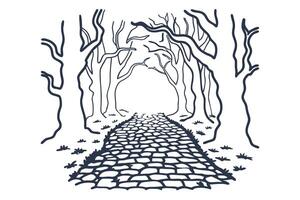 Cobblestone path leading through bare trees forest trail, winding walkway, nature illustration, woodland scene, outline sketch vector