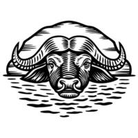 Water buffalo head facing forward in stylized monochrome illustration with rippling water pattern beneath vector
