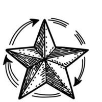Hand drawn five pointed star with rotation arrows sketch geometric symbol, dynamic movement illustration vector