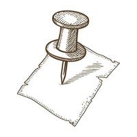 Vintage drawing of push pin securing blank paper note hand drawn sketch illustration, concept for reminders vector