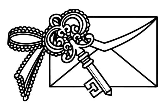 Ornate vintage skeleton key with decorative ribbon and sealed envelope outline retro communication, secure message concept vector