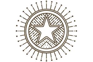 Geometric star symbol with decorative circular sunburst, linear pattern, abstract cosmic emblem, retro vector