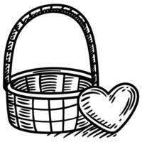 Wicker basket with heart symbol hand drawn outline illustration of empty woven container and love icon vector