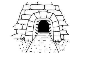 Stone tunnel entrance, arched gateway with path, ancient brick structure, black and white sketch vector