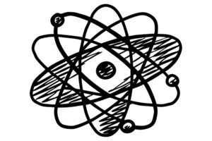 Atomic structure illustration hand drawn atom model, nucleus with orbiting electrons, science education, chemistry concept vector