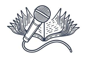 Open book and microphone illustration symbolizing literature, performance, spoken word and creative storytelling vector