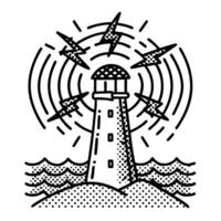 Lighthouse beacon emitting signal waves guiding tower on rocky shore with stylized ocean and lightning bolts vector