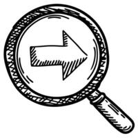 Magnifying glass with right arrow symbol hand drawn sketch illustration, search, navigation, direction indicator vector