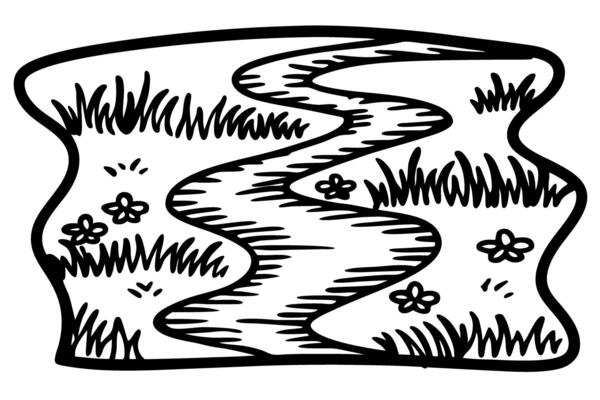 Winding river flowing through grassy meadow with wildflowers, black and white hand drawn landscape illustration