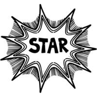 Comic explosion with star text black linear burst, hand drawn sketch illustration, playful pop art design vector