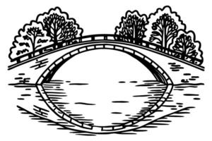Arched stone bridge over calm river, hand drawn with reflection and leafy trees in black and white illustration vector