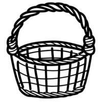 Empty woven basket with thick rope handle black outline illustration, simple rustic container for carrying goods vector