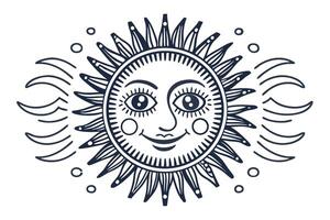 Smiling sun face with decorative rays and whimsical wavy lines celestial vintage illustration, bohemian motif vector