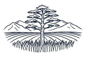 Lone tree with branches in front of mountains and fields minimalist line art nature landscape illustration vector