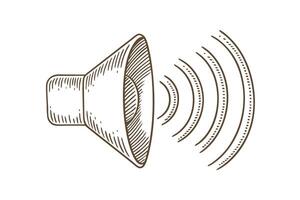 Hand drawn speaker with sound waves audio communication, volume signal, broadcasting, technology, vintage icon vector