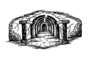 Ancient stone tunnel entrance with columns, hand drawn sketch of underground cave or passage illustration vector
