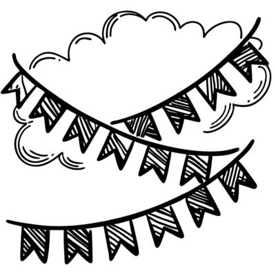Hand drawn festive bunting flags with cloud background celebration, decoration, party banner illustration