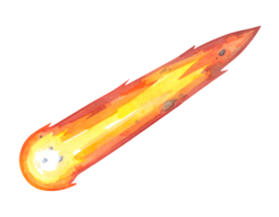 watercolor flaming meteor flying through space, cute and minimal burning rock illustration with long fire trail, on isolated background png