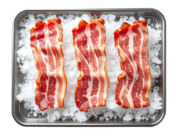 three slices of raw bacon on crushed ice in stainless steel tray, premium meat preservation and culinary preparation, on isolated background png