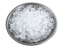 top view of crushed cube ice on stainless steel tray with realistic texture and clean lighting on isolated background png