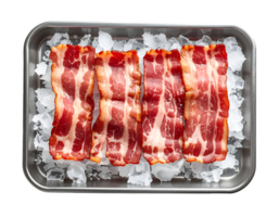 raw bacon slices arranged in a row on crushed ice over stainless steel tray on isolated background png
