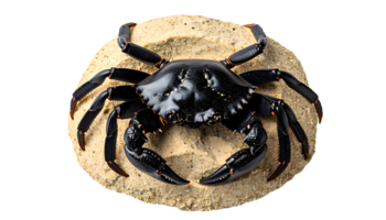 realistic black crab with shiny shell and claws resting on pile of sand, beach wildlife or seafood concept, on isolated background png