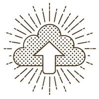 Cloud upload icon with upward arrow and sunburst rays digital data transfer, file sharing, storage concept vector
