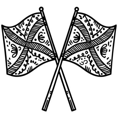 Decorative crossed flags with ornate floral patterns hand drawn vintage black line illustration, graphic