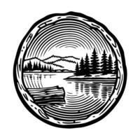 Tree ring pattern with forest landscape illustration lake, pine trees, mountains, wood texture, natural scenery vector