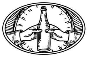 Two hands holding beverage bottle vintage black and white etching, retro illustration, drinks consumption concept vector