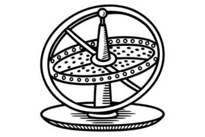 Scientific gyroscope illustration displaying rotational motion and physics principles, educational engineering tool concept vector