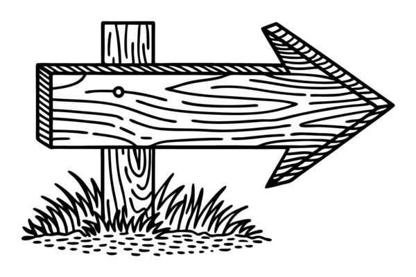 Wooden right arrow sign with grass, rustic plank direction marker, engraved texture, hand drawn illustration