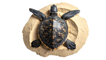realistic sea turtle with patterned dark shell resting on sand, marine wildlife and beach conservation concept, on isolated background png