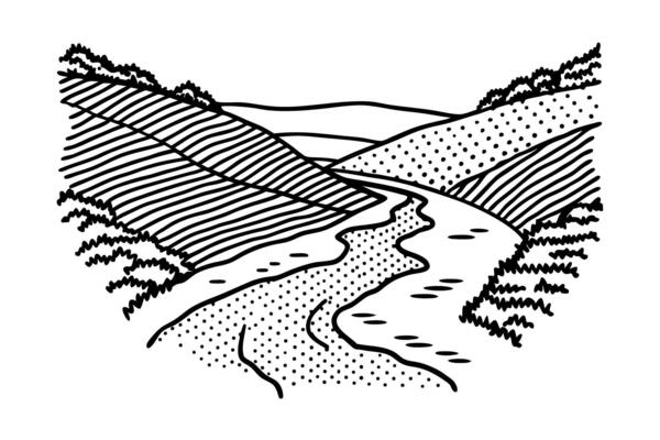 River winding through rolling hills, hand drawn line art landscape with trees and shrubs, nature sketch