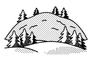 Monochrome hill landscape with dotted shading pine trees and dotted texture, simple natural scene illustration vector