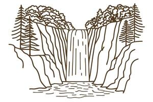 Scenic waterfall flowing between cliffs with pine trees and forest, tranquil nature landscape line art illustration vector
