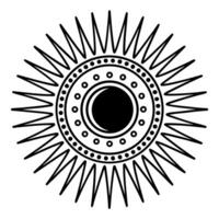 Abstract sunburst geometric pattern with concentric circles and radiating sharp lines, black and white design vector
