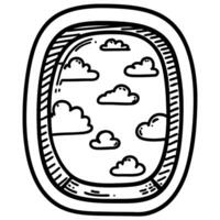 Airplane window view with fluffy clouds hand drawn doodle sketch, travel journey, sky in flight perspective vector