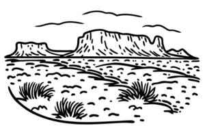 Desert mesa landscape illustration with sparse vegetation and distant mountains under cloudy sky vector