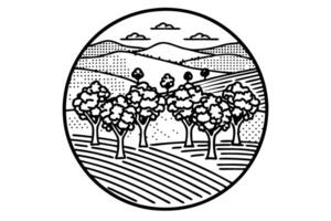 Mountain landscape with rolling hills, forest trees, and cultivated farmland in circular minimal line art vector