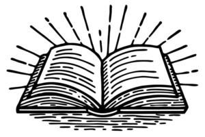 Open book with radiant lines, illustration of education, knowledge, reading, wisdom and storytelling vector