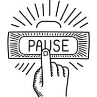 Hand pressing pause button simple black and white line art, finger pushing symbol for stop or break concept vector