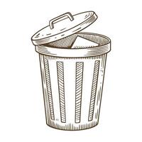 Metal trash bin with open lid and visible rubbish inside hand drawn sketch, recycling waste container symbol vector