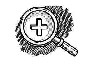 Magnifying glass with plus sign hand drawn sketch, symbolizing zoom, search, inspection, discovery, and analysis vector