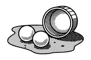 Broken egg with spilled yolk and two halves, isolated sketch illustration, cooking ingredient concept vector