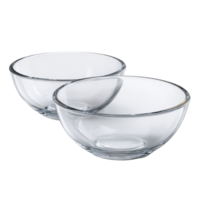 A close up of two clear glass bowls sitting next to each other on a surface png