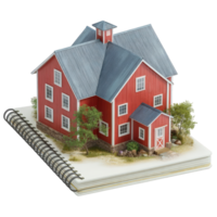 Miniature red barn model with grey roof on a spiral bound notebook diorama png
