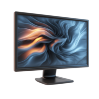 Computer monitor displaying abstract art with orange and blue swirling forms png