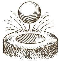 Bouncing ball above circular hole, dynamic motion, energy, movement, impact illustration, sketch vector