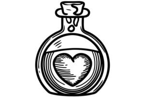 Potion bottle with heart symbol romantic magic elixir container, love charm concept, fantasy doodle design vector